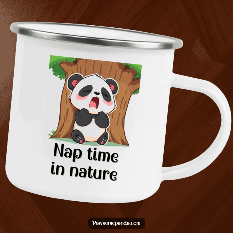 Funny Camping Mug: A sleepy panda character yawns widely while resting by a tree, perfect for relaxing moments outdoors.