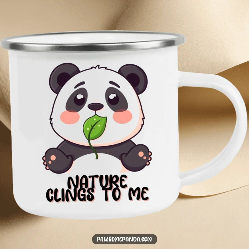 Funny camping mug showing a surprised panda with a leaf stuck to its nose, ready for the outdoors.