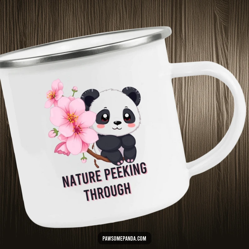 Funny camping mug with a panda peeking from behind a cherry blossom, perfect for enjoying nature with a hint of humor.