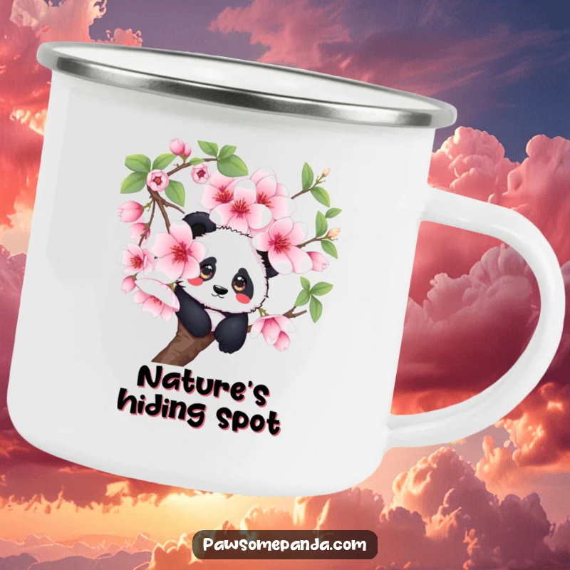 Funny curious panda camping mug, peeking from a cherry blossom, durable for outdoor use, a charming funny gift.