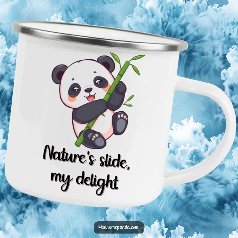 Funny panda camping mug with a panda bear tumbling down a bamboo stalk, perfect for outdoor trips and smiles.