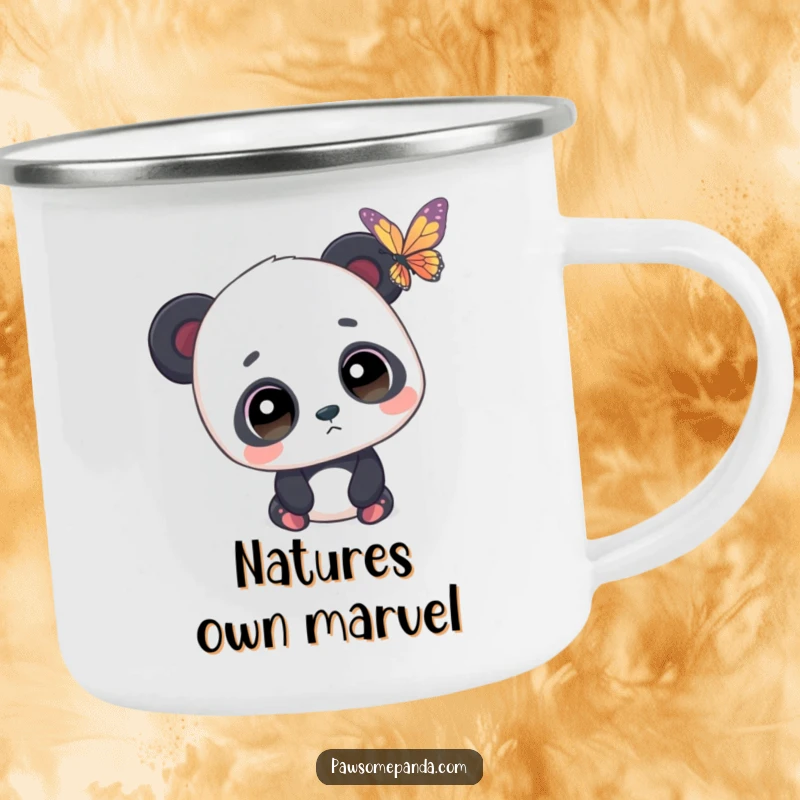 Funny camping mug featuring a panda with wide eyes looking at a butterfly, designed for outdoor enjoyment and peaceful moments.