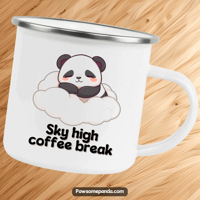 Funny enamel camping mug with a sleepy panda character rolling contentedly in fluffy clouds, perfect for outdoor use.
