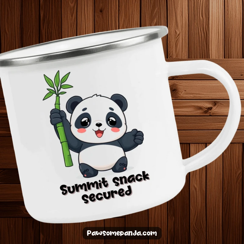 Funny camping mug featuring a panda character triumphantly holding a bamboo shoot, perfect for outdoor adventures and humorous sipping.