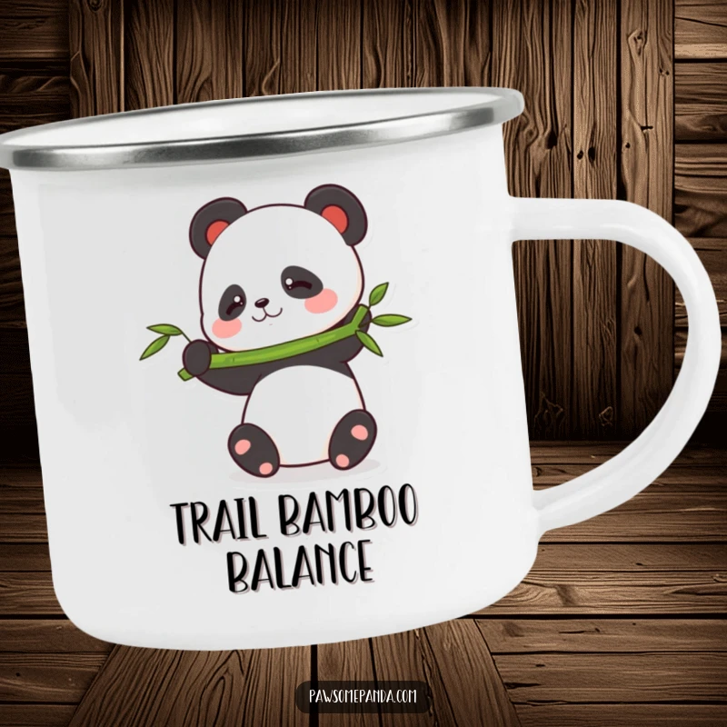 Funny balancing panda camping mug showing a panda trying to balance a bamboo stalk, ideal for enjoying drinks outdoors.