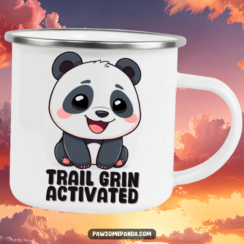Funny Panda Camping Mug featuring a character with a wide, goofy grin, perfect for enjoying drinks outdoors with humor.