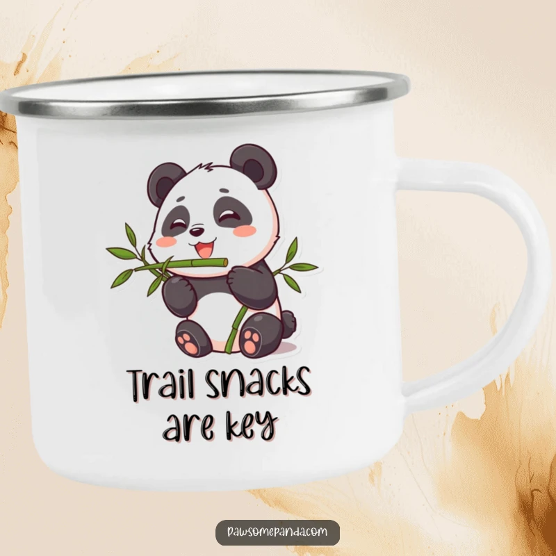 Funny camping mug illustration of a cute panda character happily eating bamboo, ideal for outdoor use and humor.