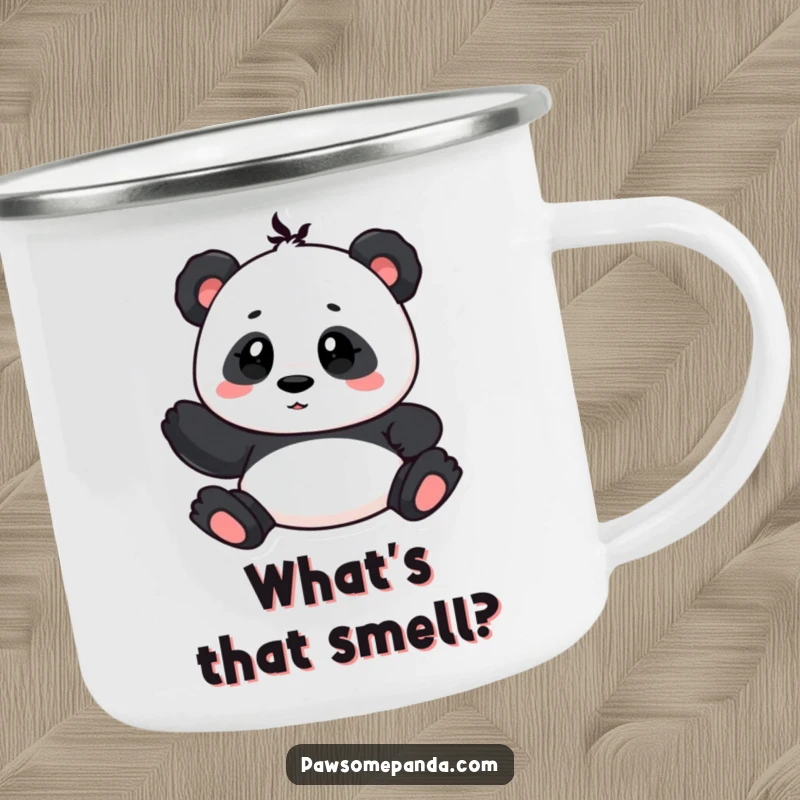 Funny camping mug featuring a cute panda character with a curious head tilt, perfect for outdoor contemplation and warm drinks.