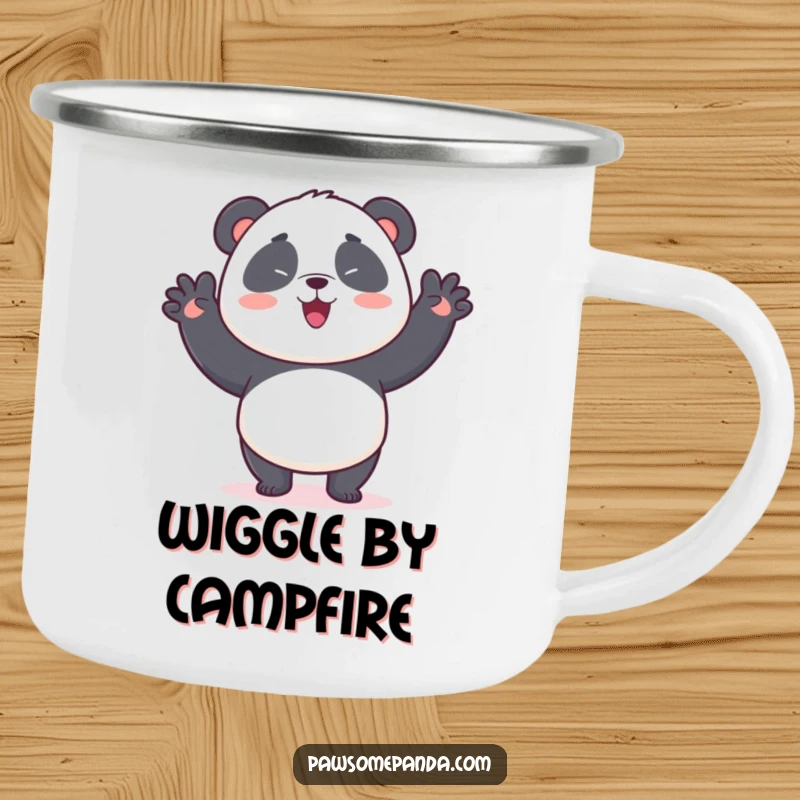 Funny camping mug with a kawaii panda bear doing a silly wiggle dance, perfect for enjoying drinks outdoors with a smile.