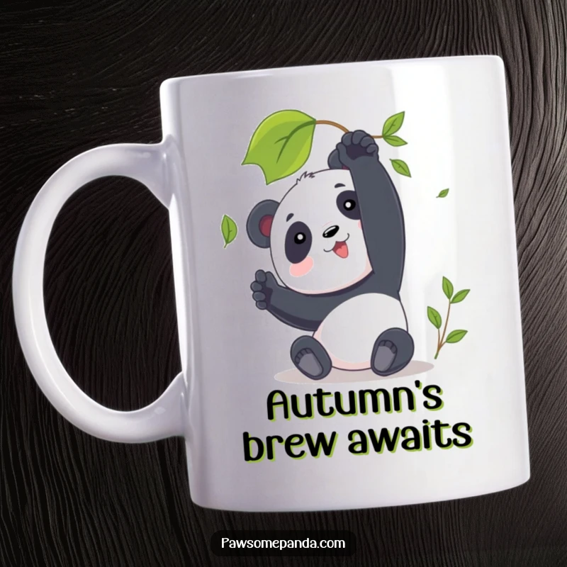 Funny Panda Mug depicting a character gently reaching for a falling autumn leaf, evoking peaceful humor.