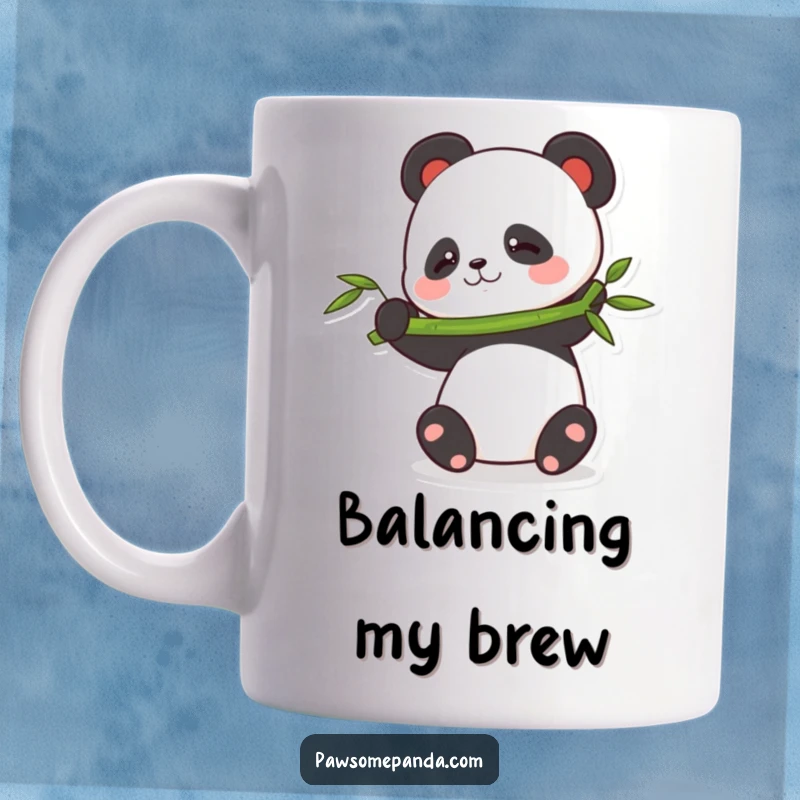 Funny balancing panda mug featuring a playful panda character struggling to keep a tall bamboo stalk upright, looking determined.