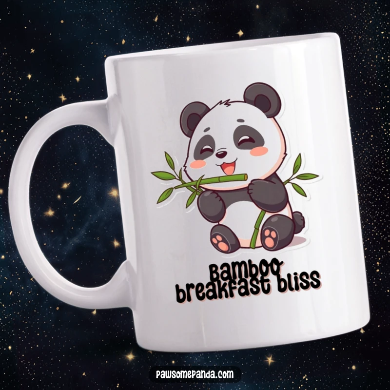 Funny mug showing a cute panda character happily munching on a stalk of bamboo, radiating pure contentment and joy.