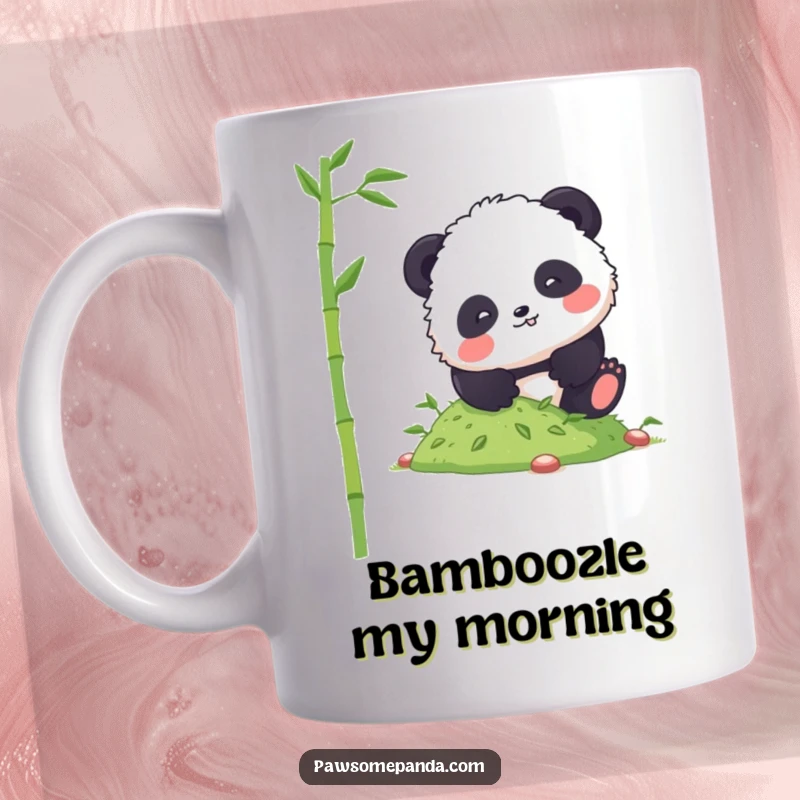 Funny panda mug showing a fluffy character comically tumbling head over heels down a small hill made of bamboo shoots.