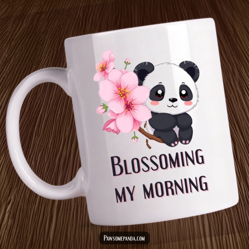 Funny mug featuring a cute panda peeking out from behind a large, vibrant cherry blossom flower, conveying playful curiosity.