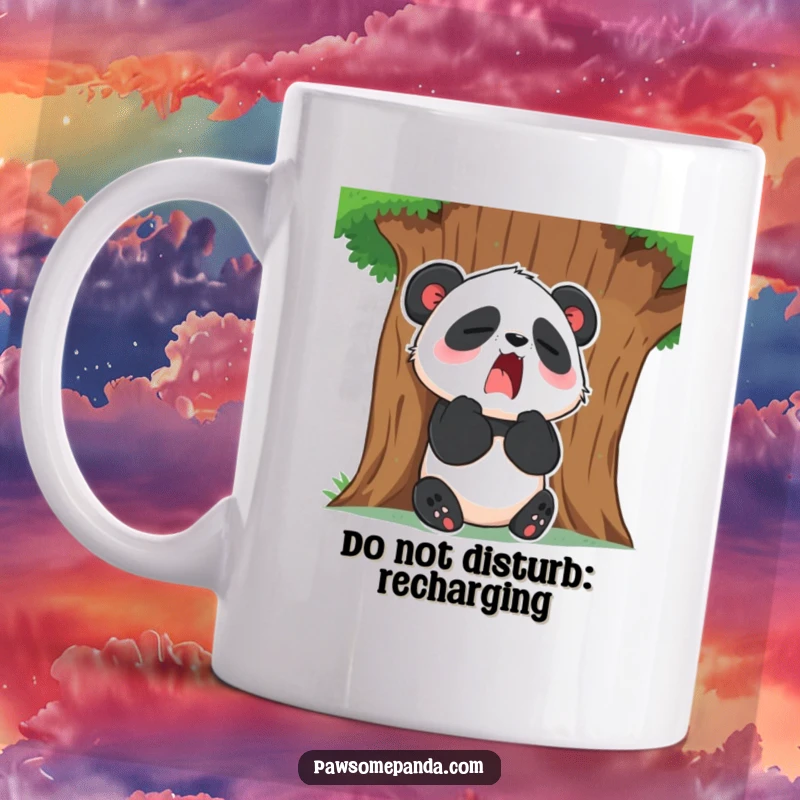 Funny Mug: A sleepy panda character sits against a tree, yawning widely, embodying ultimate relaxation and comfort.