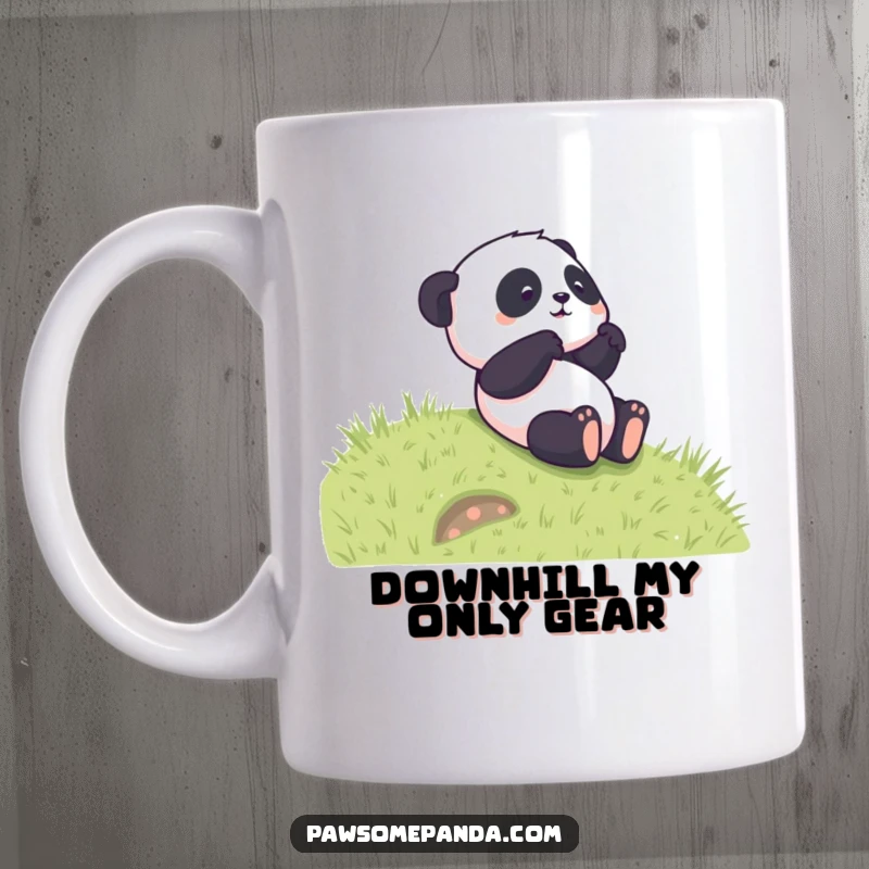 Funny mug featuring a happy panda character playfully rolling down a green grassy hill, conveying pure, unadulterated fun.
