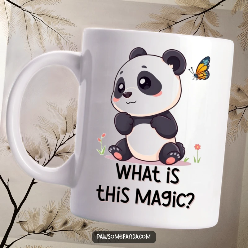 Funny mug with a curious panda character tilting its head, observing a colorful butterfly with gentle fascination.