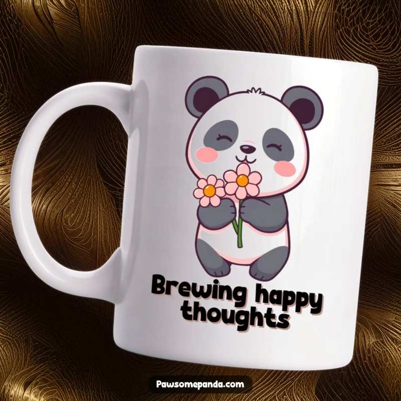 Funny panda mug featuring a happy panda character holding a flower with delight, exuding joy and cuteness.