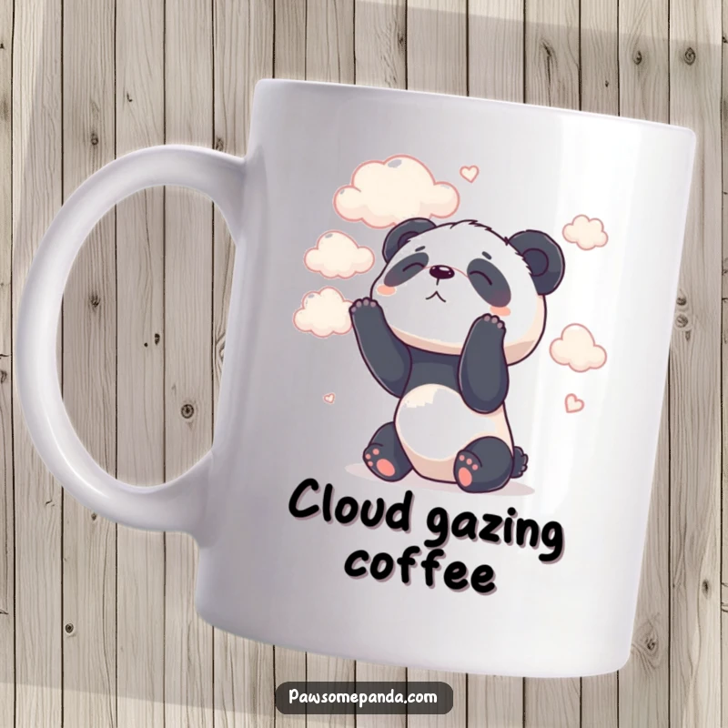 Funny mug featuring a serene panda character looking wistfully up at soft, fluffy white clouds.