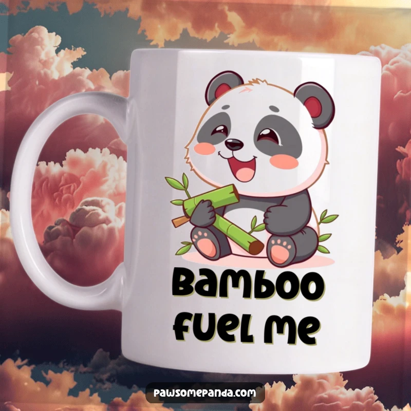 Funny mug with a kawaii panda cub joyfully eating bamboo with a big smile, embodying pure contentment and happiness.