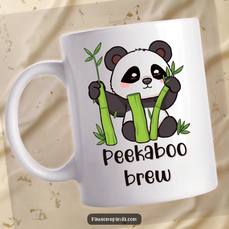 Funny mug featuring a mischievous panda character secretly peeking from behind a dense bamboo stalk.
