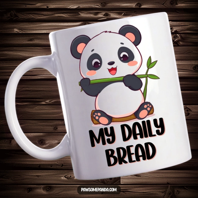 Funny panda character calmly balancing a piece of bamboo, conveying focus on a mug.