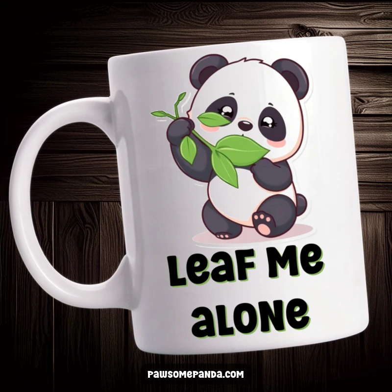 Funny panda character playfully hiding or tricking a leaf, conveying mischief on a mug.