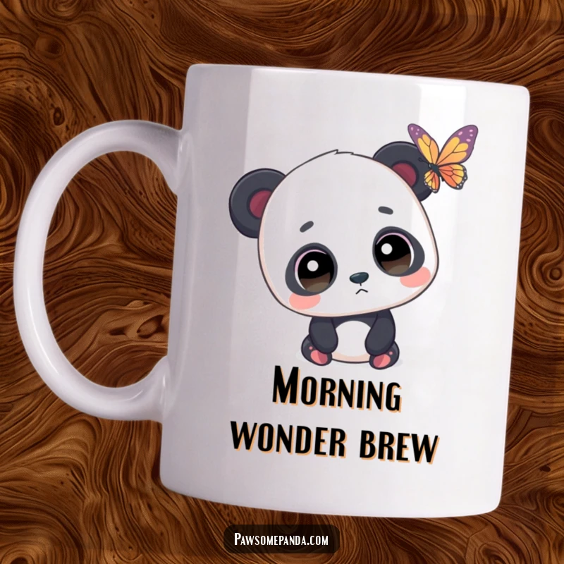 Funny mug featuring a panda with large, wide eyes gazing in awe at a colorful butterfly fluttering nearby.