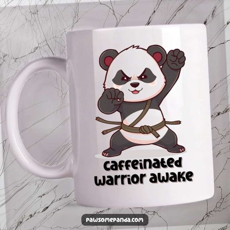 Funny mug featuring a panda character in a strong, determined martial arts stance, exuding focus and playful power.