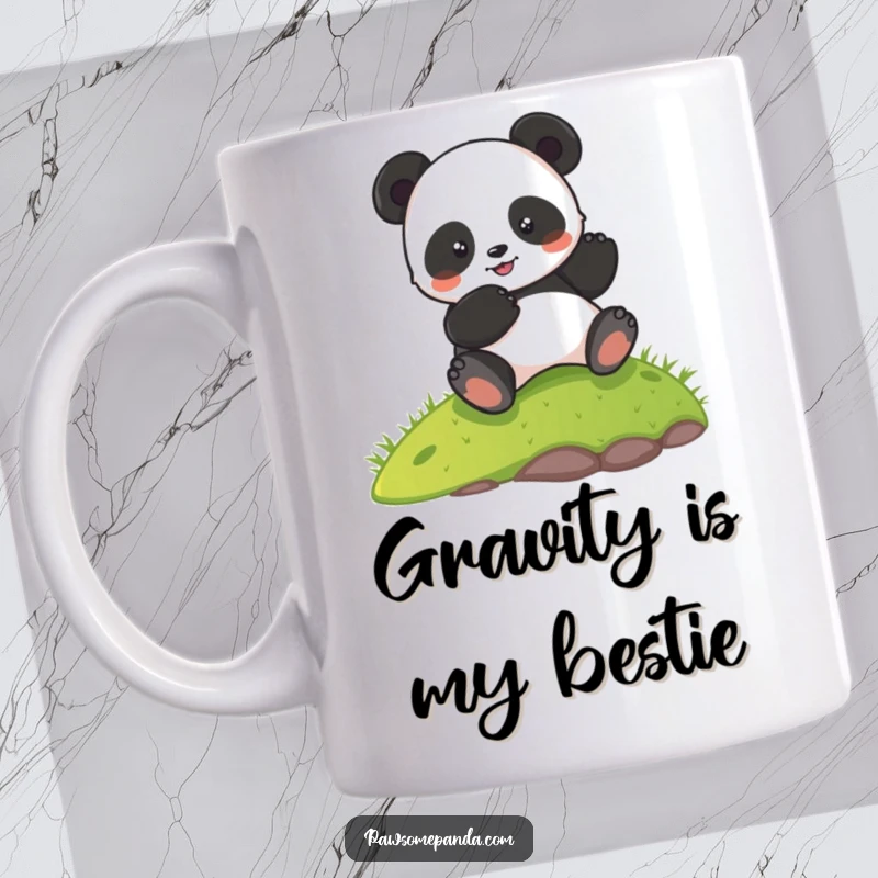 Funny mug featuring a joyful panda character gleefully rolling down a vibrant green grassy hill, embodying pure, unadulterated fun.