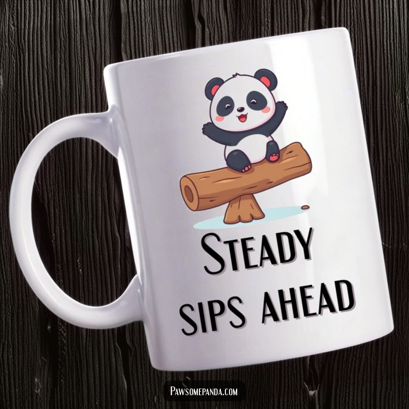 Funny mug featuring a playful panda character expertly balancing on a log, showcasing concentration and charming agility.