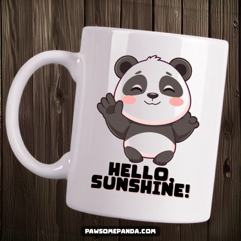 Funny mug showing a smiling panda character cheerfully waving hello with its paw, radiating friendliness and positive vibes.