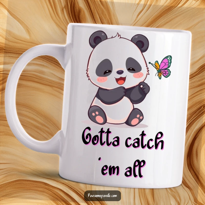 Funny mug showing a giggling panda playfully trying to catch a fluttering butterfly with its paws, full of joy.
