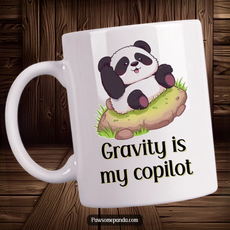 Funny mug featuring a curious panda character tumbling gleefully down a lush green grassy hill, embodying carefree fun.