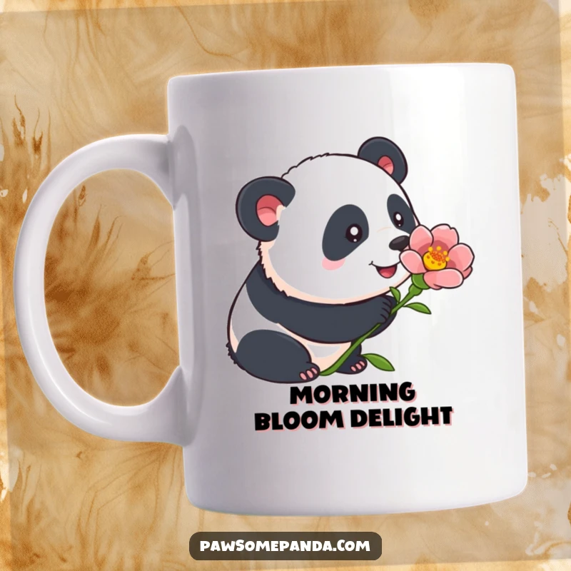 Funny panda mug showing a cute panda curiously sniffing a blooming flower, with alert ears, radiating gentle curiosity and wonder.