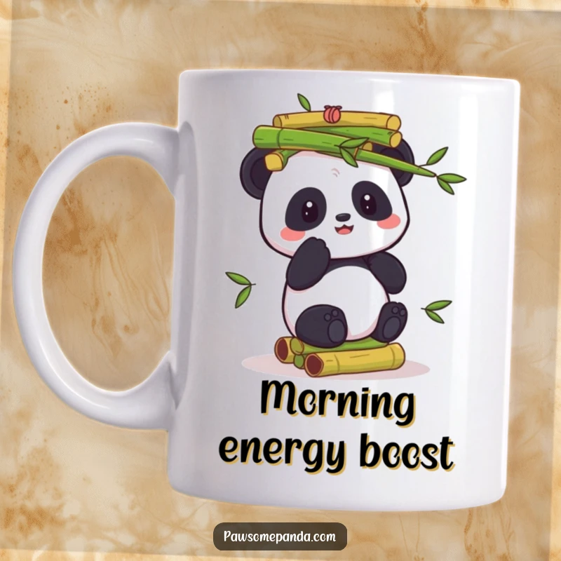 Funny mug with a panda character skillfully balancing a tall, precarious stack of green bamboo shoots on its head or paws.