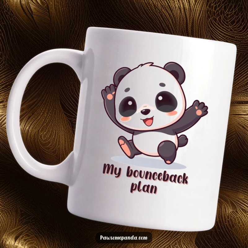 Funny mug featuring a joyful panda character mid-hop, spreading happiness and positive vibes with its energetic leap.