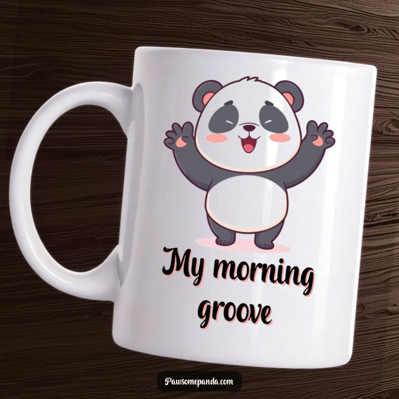 Funny mug with a kawaii panda bear doing a silly, energetic wiggle dance, bringing pure joy and laughter to your day.