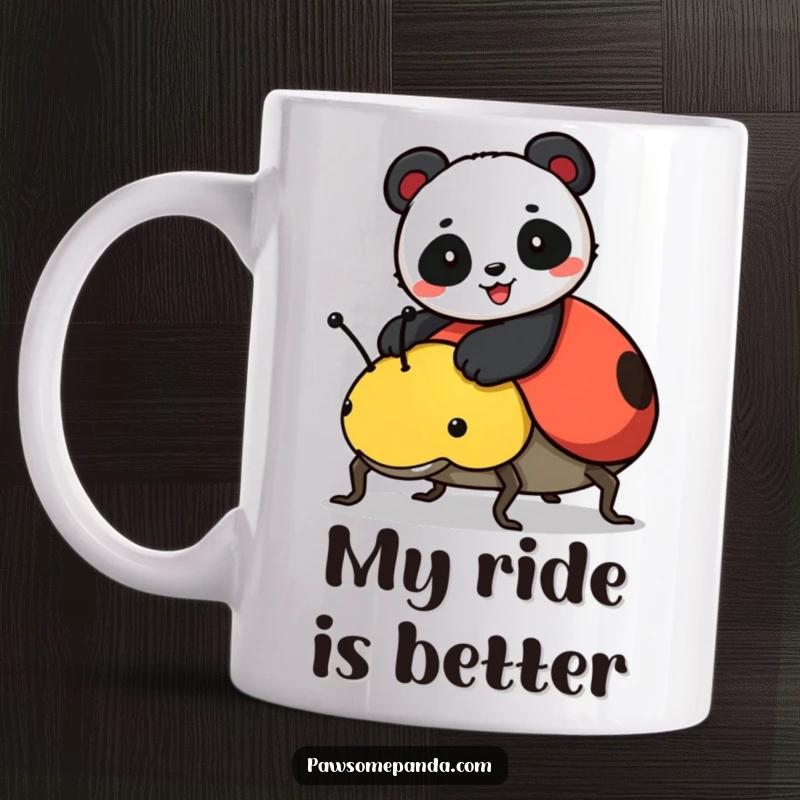 Funny panda riding a large, friendly ladybug on a mug, looking cheerful and adventurous, perfect for animal lovers.