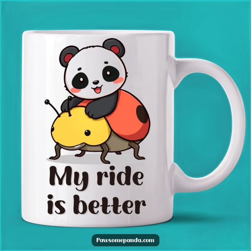 Funny Panda Ladybug Ride Mug - Adorable Animal Humor Gift for Panda Lovers
