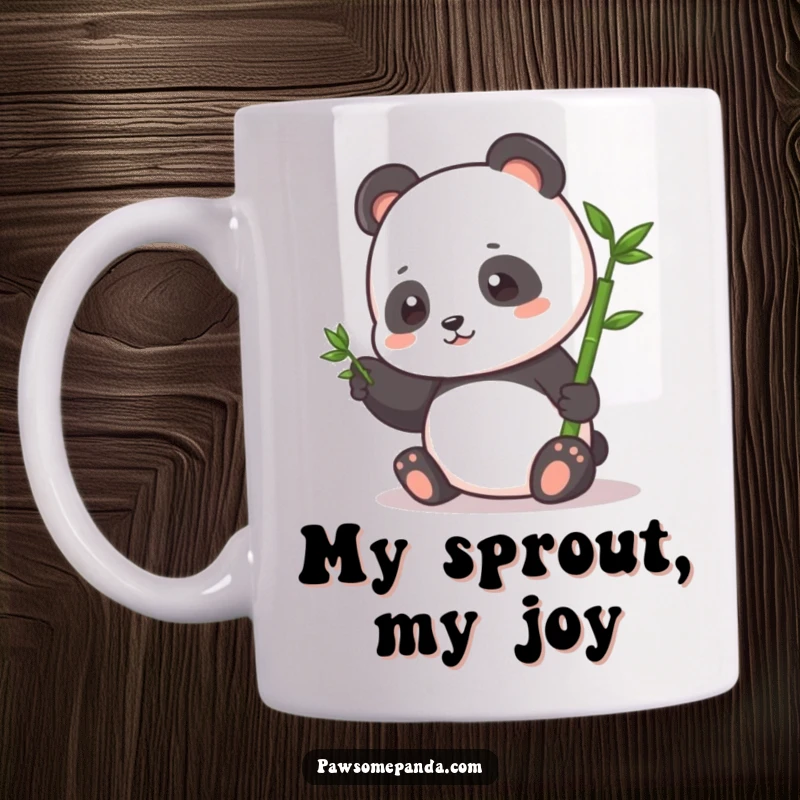 Funny Mug: A small panda character happily pats a tiny bamboo sprout, symbolizing growth and gentle care.