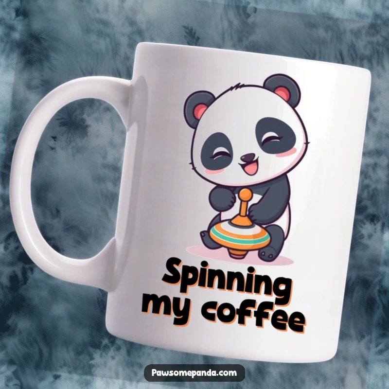 Funny panda mug featuring a playful panda character with a mischievous grin attempting to balance a spinning top, showcasing its fun-loving nature.