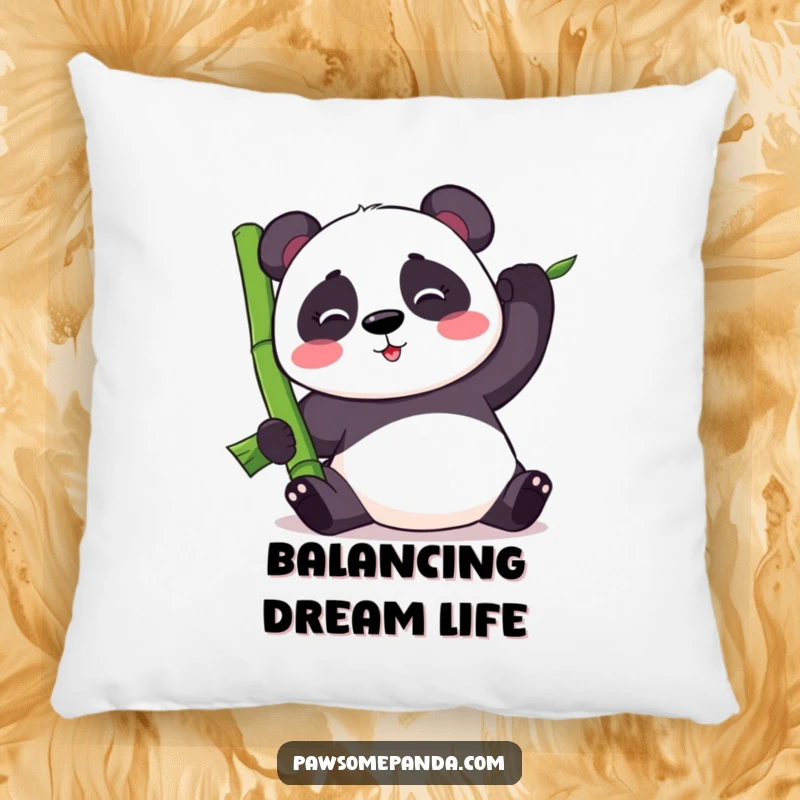 Funny kawaii panda bear struggling to balance a large bamboo stalk, on a comfy pillow, adding cute humor to any room.