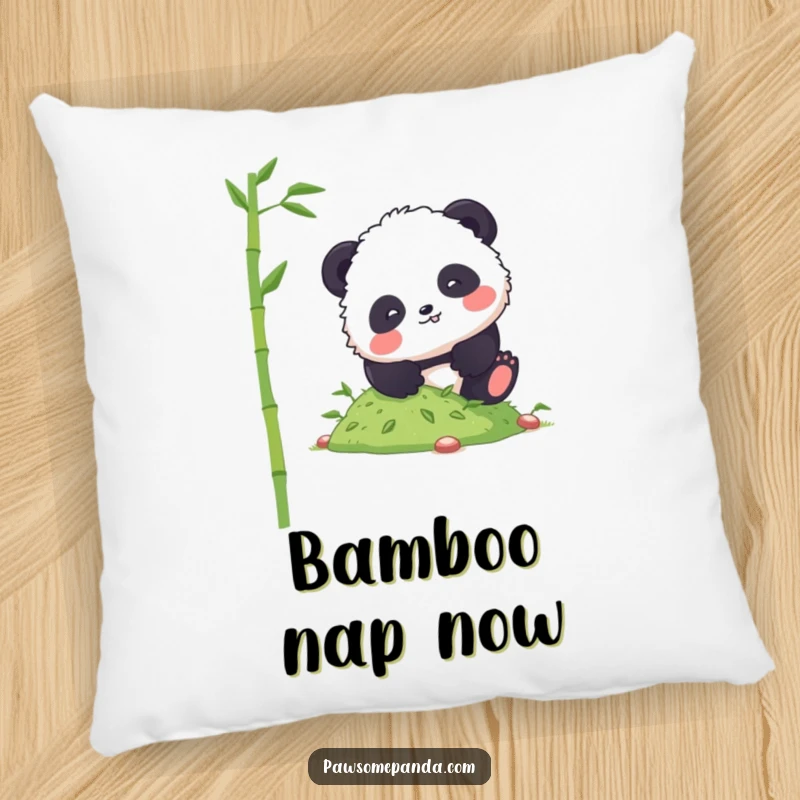 Funny panda pillow with a fluffy character comically tumbling down a hill of bamboo shoots, offering soft and humorous decor.