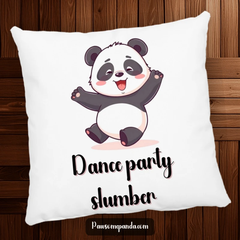 Funny decorative pillow with a panda character doing a happy, clumsy dance with arms thrown up.