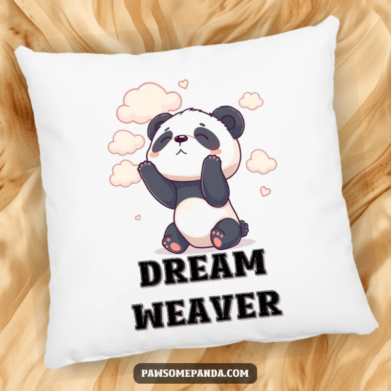 Funny pillow with a cute, relaxed panda character looking peacefully up at fluffy clouds.