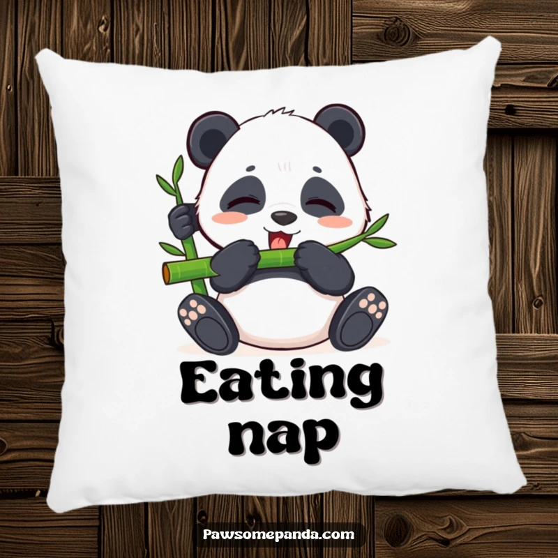 Funny decorative pillow with a content panda happily munching bamboo with closed eyes, offering soft comfort and peaceful humor.