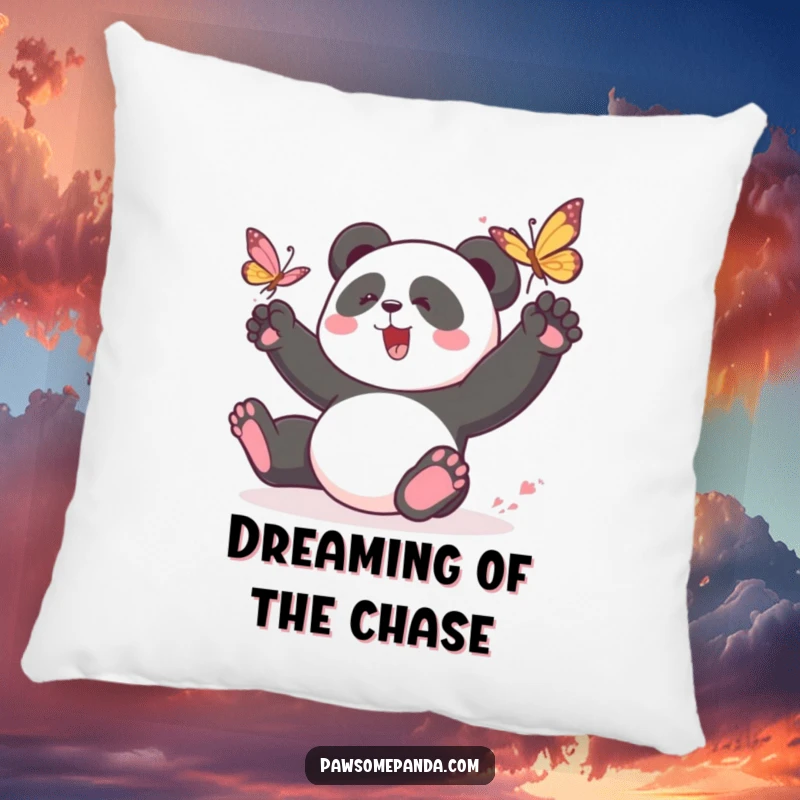 Funny panda pillow featuring a playful panda character chasing a butterfly, designed for comfort and adding a touch of lively charm.