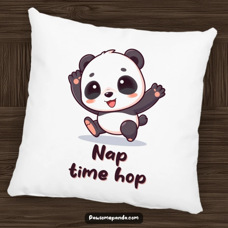 Funny pillow featuring a cute panda character captured in a happy hop, offering comfort and a cheerful decorative touch.