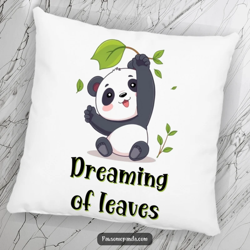 Funny Panda Pillow featuring a character reaching for a leaf, offering soft comfort and a touch of gentle, humorous nature.
